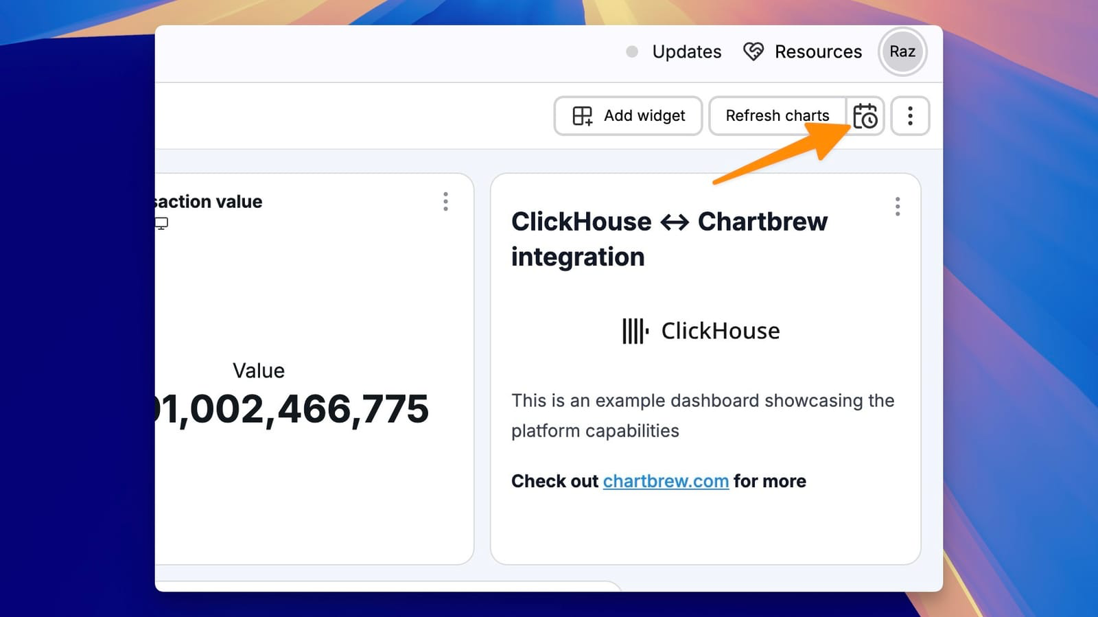 Настро�йки обновления набора данных в Chartbrew