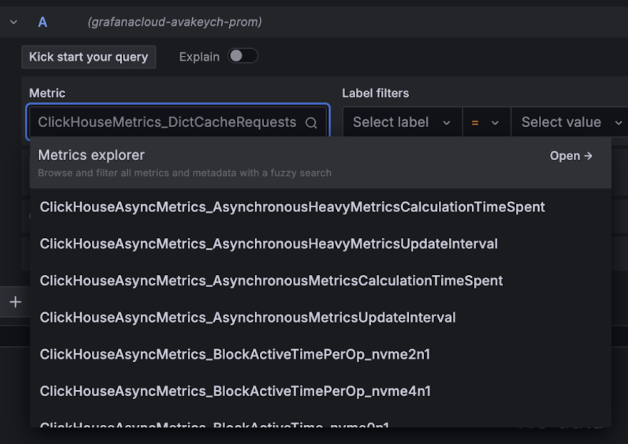 Выпадающий список Grafana Metrics Explorer